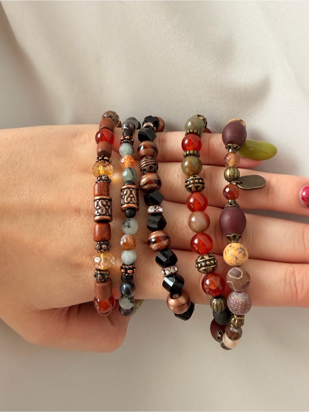 Handmade Multi-Bead Women’s Stretch Bracelet - Earthy Red & Brown